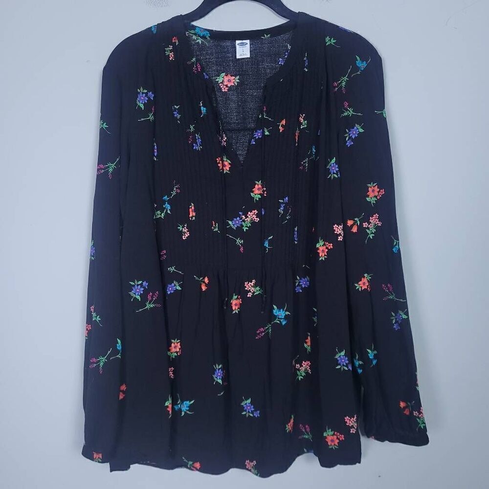 Old Navy Womens Floral Top Black Size Large Boho Long Sleeve Feminine Flowy